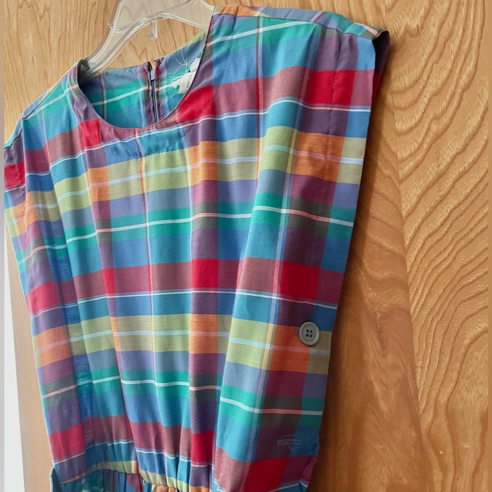 Vintage plaid picnic dress, blue & red with matching belt, side buttons, medium - Picture 7 of 10